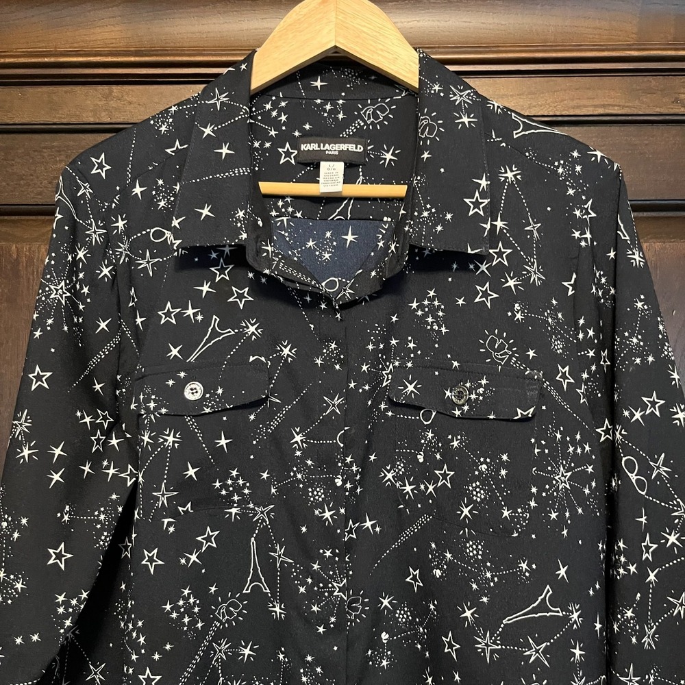 Karl Lagerfeld Paris Blouse Shirt Womens L Navy Blue Stars Eiffel Tower